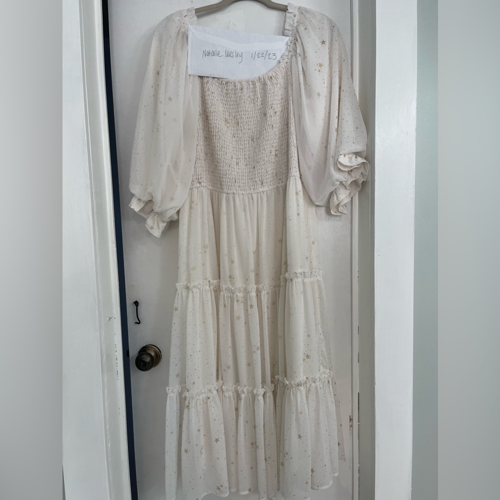 Ivy City Co Cream Midi Dress with Gold Star Print